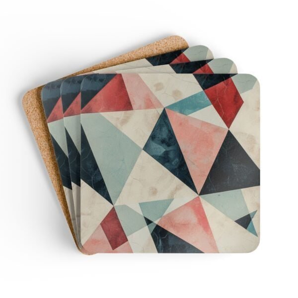 Coaster set with geometric design in triangles in red, pink, white and aqua colors.