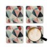 Coaster set with geometric design in triangles in red, pink, white and aqua colors.