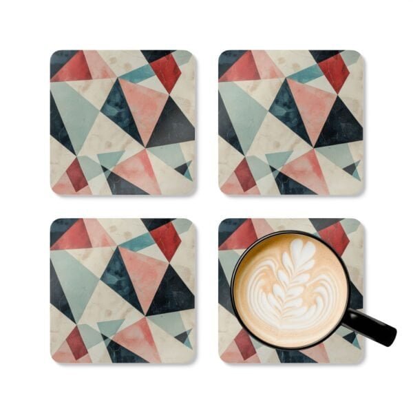 Coaster set with geometric design in triangles in red, pink, white and aqua colors.
