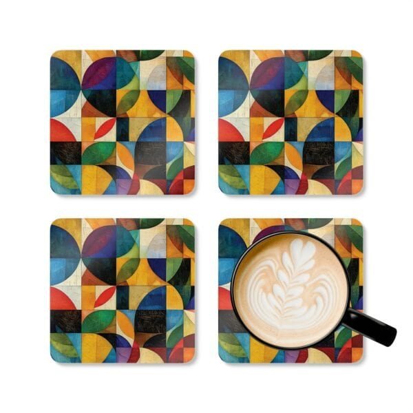 Geometric design print coaster set in jewel tone colors.
