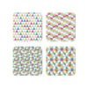 Set o 4 Square coasters with a geometric pattern in pink, gold, teal, aqua and white colors.
