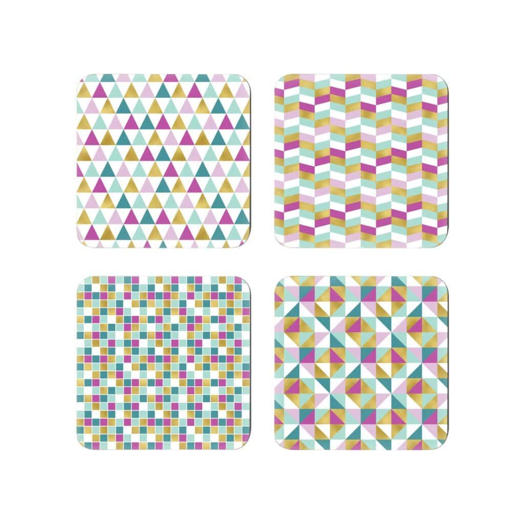 Set o 4 Square coasters with a geometric pattern in pink, gold, teal, aqua and white colors.