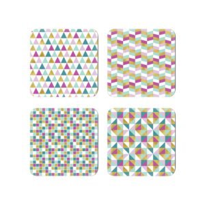 Set o 4 Square coasters with a geometric pattern in pink, gold, teal, aqua and white colors.