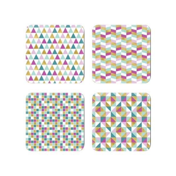 Set o 4 Square coasters with a geometric pattern in pink, gold, teal, aqua and white colors.