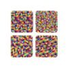 Set of 4 square coasters with multi colored geometric design.