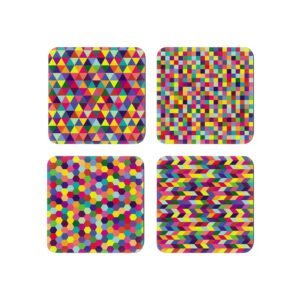 Set of 4 square coasters with multi colored geometric design.