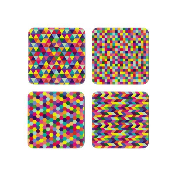 Set of 4 square coasters with multi colored geometric design.