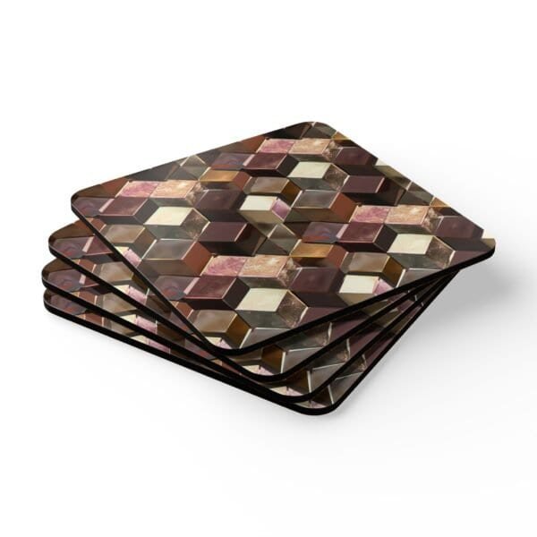 Set of 4 square coasters with a metallic looking geometric cube design printed on them. Shown stacked on a table.