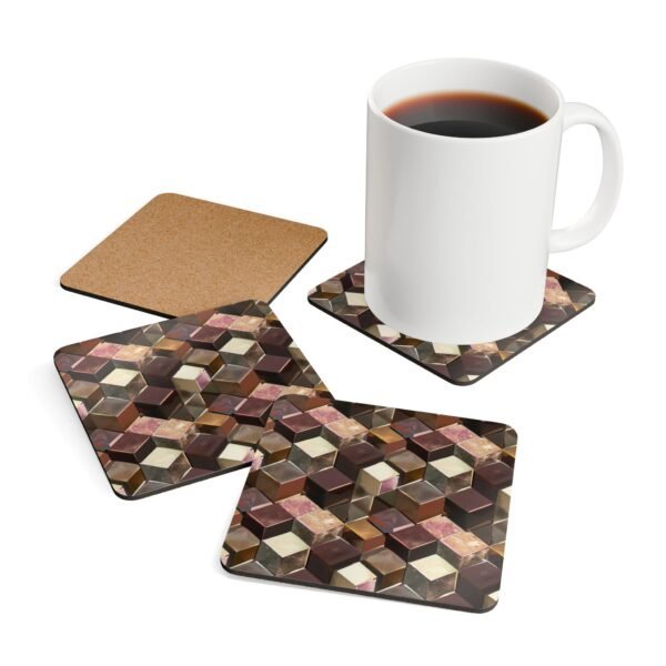 Set of 4 square coasters with a metallic looking geometric cube design printed on them. Shown with a mug for scale.