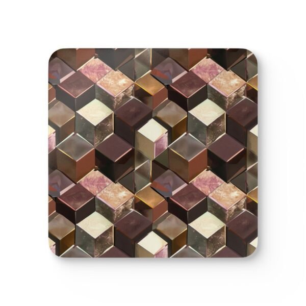Square coaster with a metallic looking geometric cube design printed on.