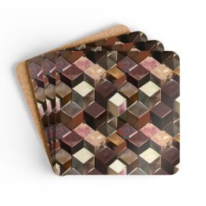 Set of 4 square coasters with a metallic looking geometric cube design printed on them. Shown stacked on a table.