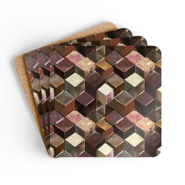Set of 4 square coasters with a metallic looking geometric cube design printed on them. Shown stacked on a table.