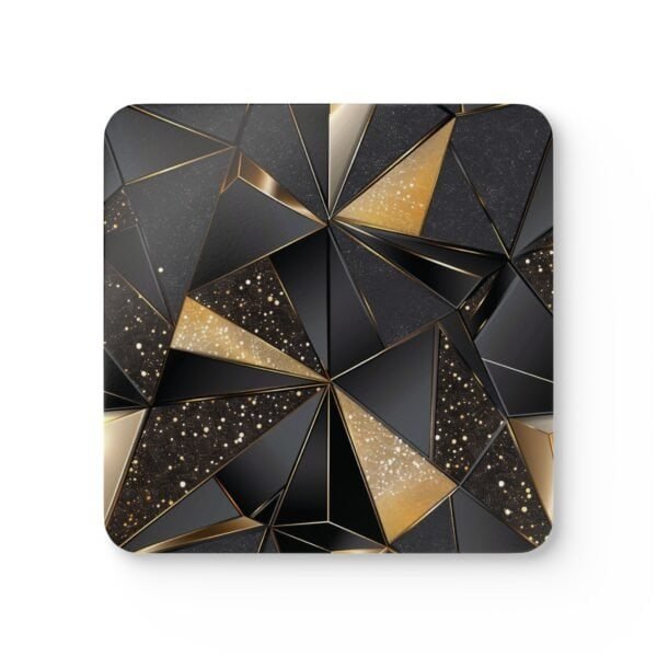 Square coaster with a triangle geometric design in black and gold with some gold glitter effect printed on.