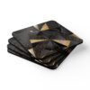 Set of 4 square coasters with a triangle geometric design in black and gold with some gold glitter effect printed on them. Shown stacked on a table.