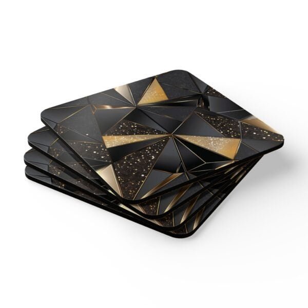 Set of 4 square coasters with a triangle geometric design in black and gold with some gold glitter effect printed on them. Shown stacked on a table.