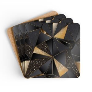 Set of 4 square coasters with a triangle geometric design in black and gold with some gold glitter effect printed on them. Shown stacked on a table.