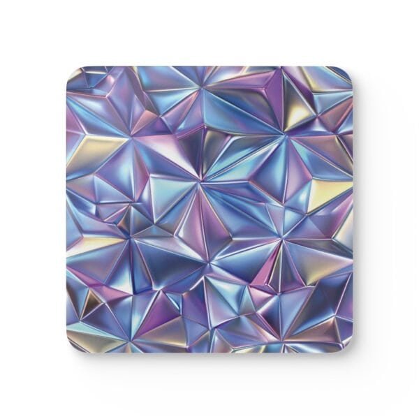 Square coaster with triangle geometric design in multi colors that have a subtle holographic look printed on it.