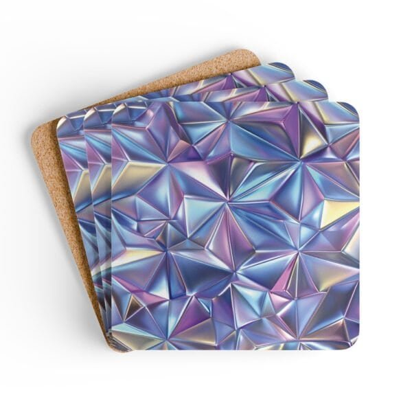 Set of 4 square coasters with triangle geometric design in multi colors that have a subtle holographic look printed on them. Shown stacked on a table.