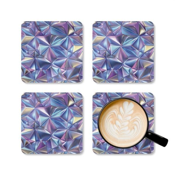 Set of 4 square coasters with triangle geometric design in multi colors that have a subtle holographic look printed on them. Shown with a mug for scale.