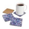Set of 4 square coasters with triangle geometric design in multi colors that have a subtle holographic look printed on them. Shown with a mug for scale.