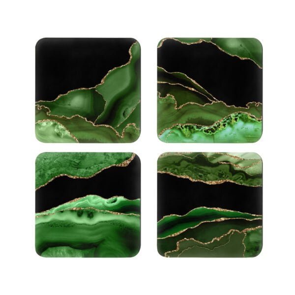 Coaster set with green, black and gold agate marble design.