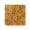 Square coaster with 1960's hippie style daisy pattern in orange, yellow, brown and off white colors.