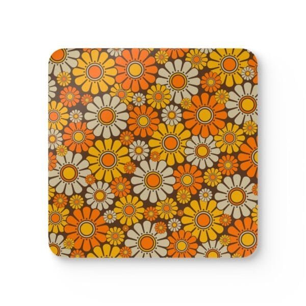 Square coaster with 1960's hippie style daisy pattern in orange, yellow, brown and off white colors.