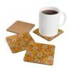 Set of 4 square coasters with 1960's hippie style daisy pattern in orange, yellow, brown and off white colors. Shown with a mug for scale.