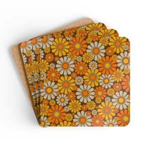 Set of 4 square coasters with 1960's hippie style daisy pattern in orange, yellow, brown and off white colors. Shown stacked on a table.
