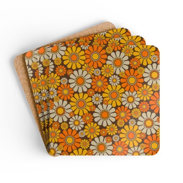 Set of 4 square coasters with 1960's hippie style daisy pattern in orange, yellow, brown and off white colors. Shown stacked on a table.
