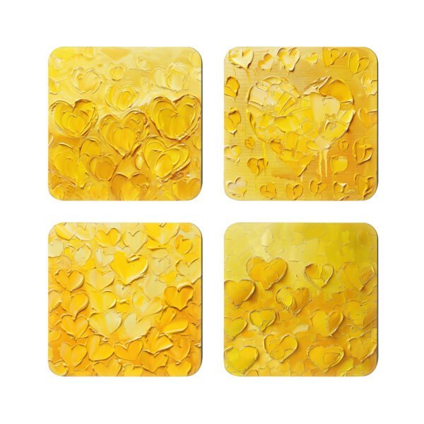Set of 4 square coasters with impasto style yellow paint prints on them.