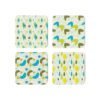 Set of 4 coasters with lime, olive and turquoise mid century modern print design.