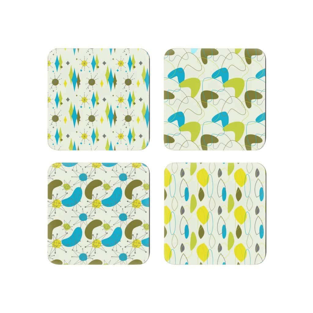 Set of 4 coasters with lime, olive and turquoise mid century modern print design.