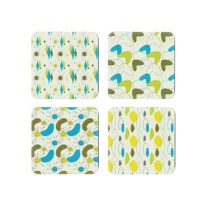Set of 4 coasters with lime, olive and turquoise mid century modern print design.