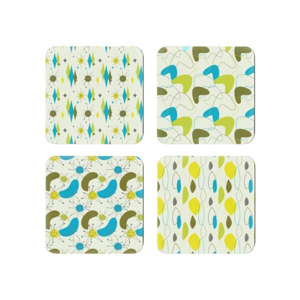 Set of 4 coasters with lime, olive and turquoise mid century modern print design.