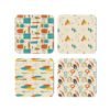 Set of 4 coasters with orange, gold and turquoise mid century modern print design.