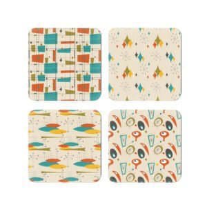 Set of 4 coasters with orange, gold and turquoise mid century modern print design.