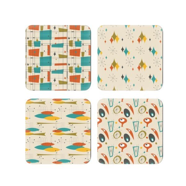 Set of 4 coasters with orange, gold and turquoise mid century modern print design.