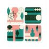 Set of 4 square mid century geometric coasters with a mid century modern design in salmon pink, teal, green and off white colors.