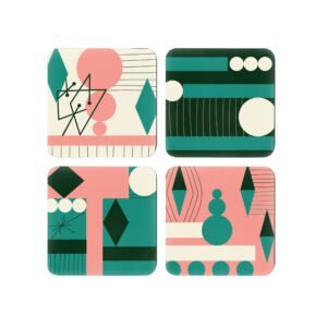 Set of 4 square mid century geometric coasters with a mid century modern design in salmon pink, teal, green and off white colors.