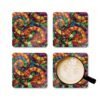 Colorful swirling mosaic glass design coaster set shown with a mug for scale..