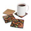 Colorful swirling mosaic glass design coaster set shown with a mug for scale..