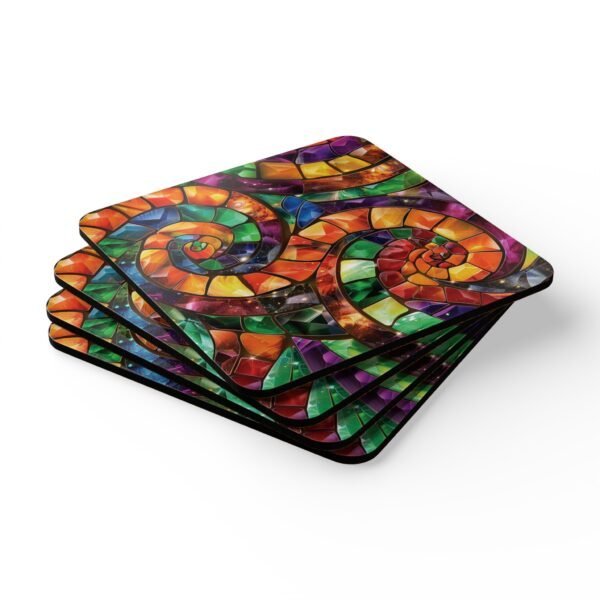 Colorful swirling mosaic glass design coaster set stacked on a table.