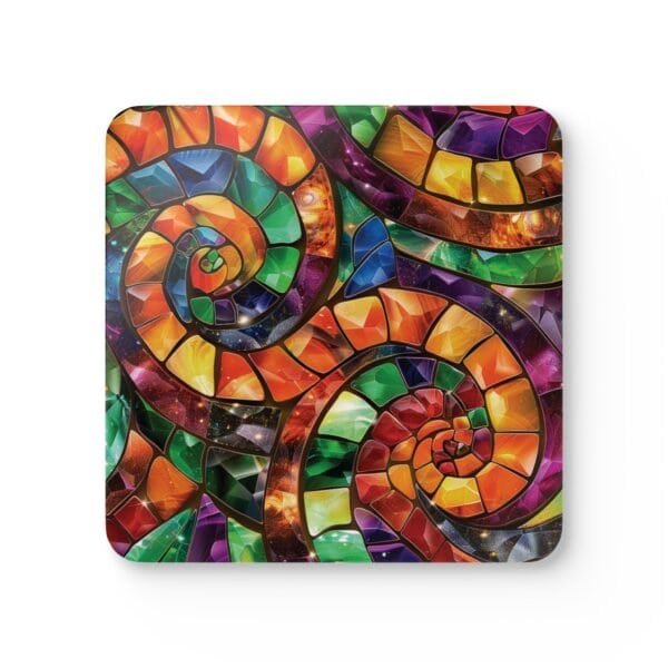 Colorful swirling mosaic glass design coaster flat on table.