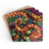 Colorful swirling mosaic glass design coaster set stacked on a table.