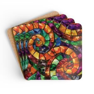 Colorful swirling mosaic glass design coaster set stacked on a table.