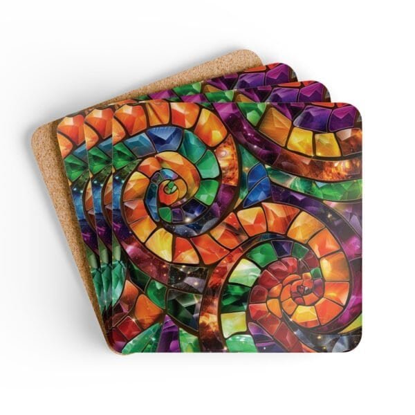Colorful swirling mosaic glass design coaster set stacked on a table.