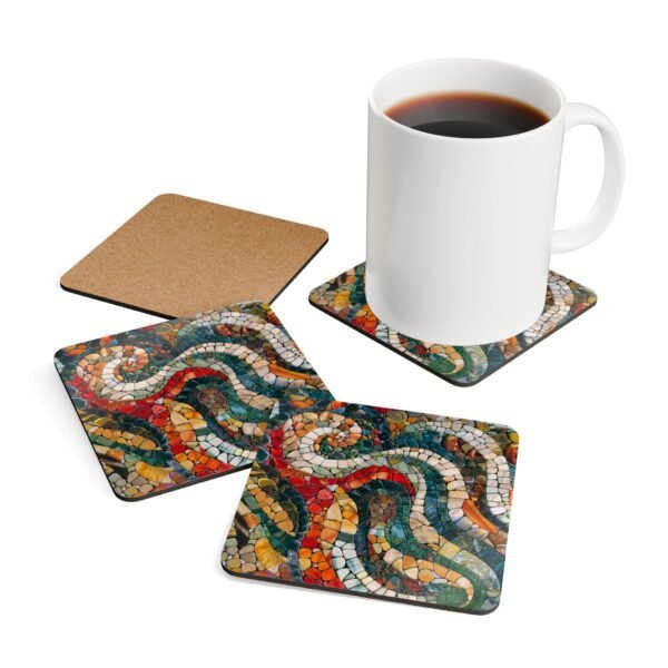 Square coaster set with a mosaic design in teal, red, tan jewel tones.