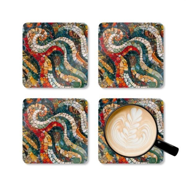 Square coaster set with a mosaic design in teal, red, tan jewel tones.