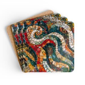 Square coaster set with a mosaic design in teal, red, tan jewel tones.